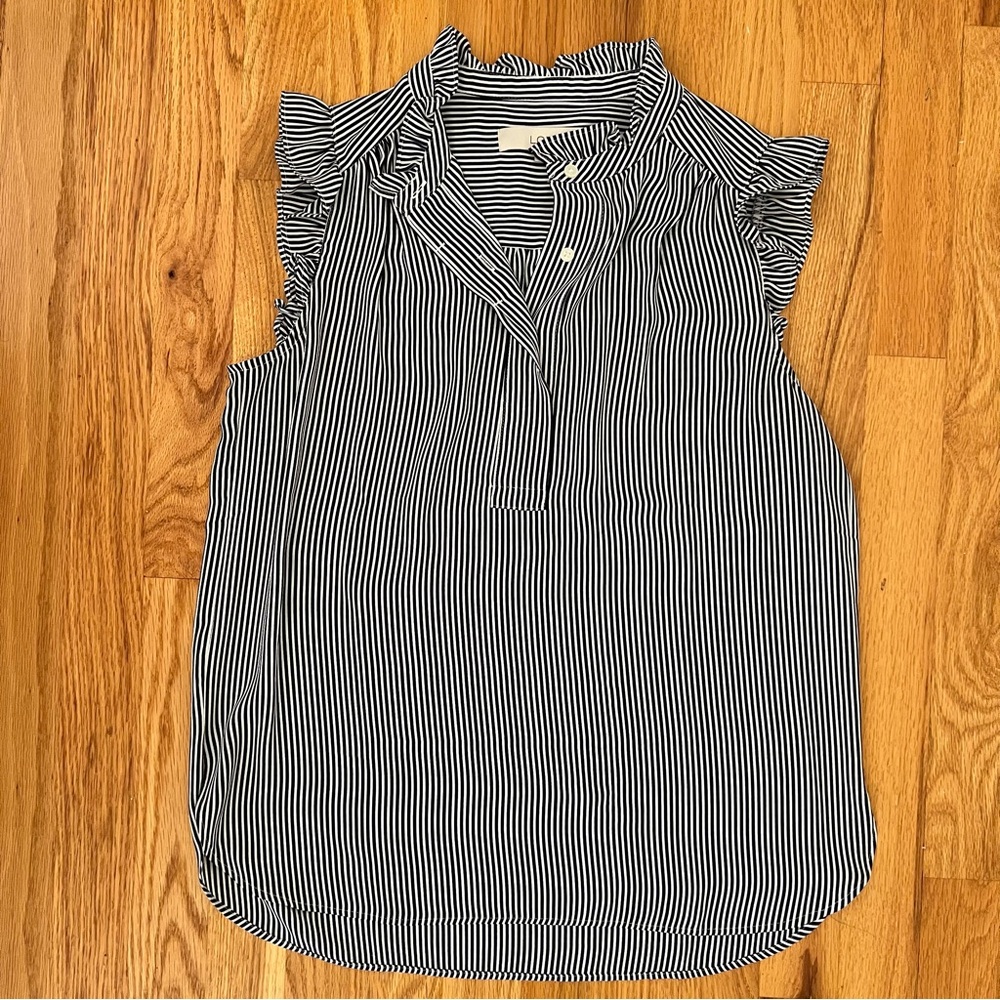 LOFT Navy & White Striped Ruffle Sleeve Blouse – XS